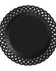 Black decorative paper plate with lattice design on a white background