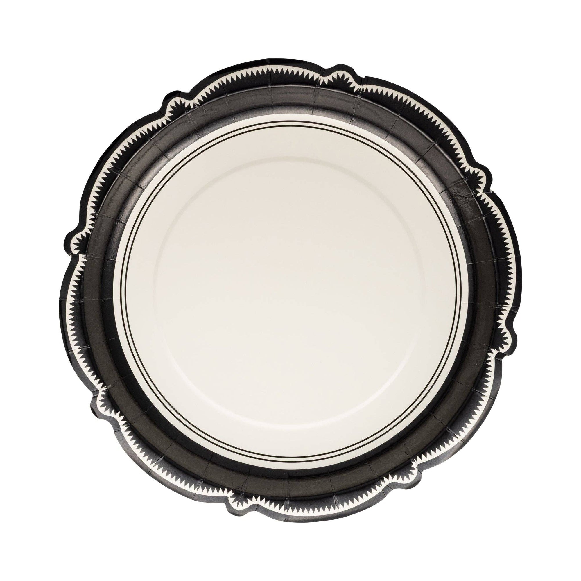 Decorative white paper plate with black rim on a white background