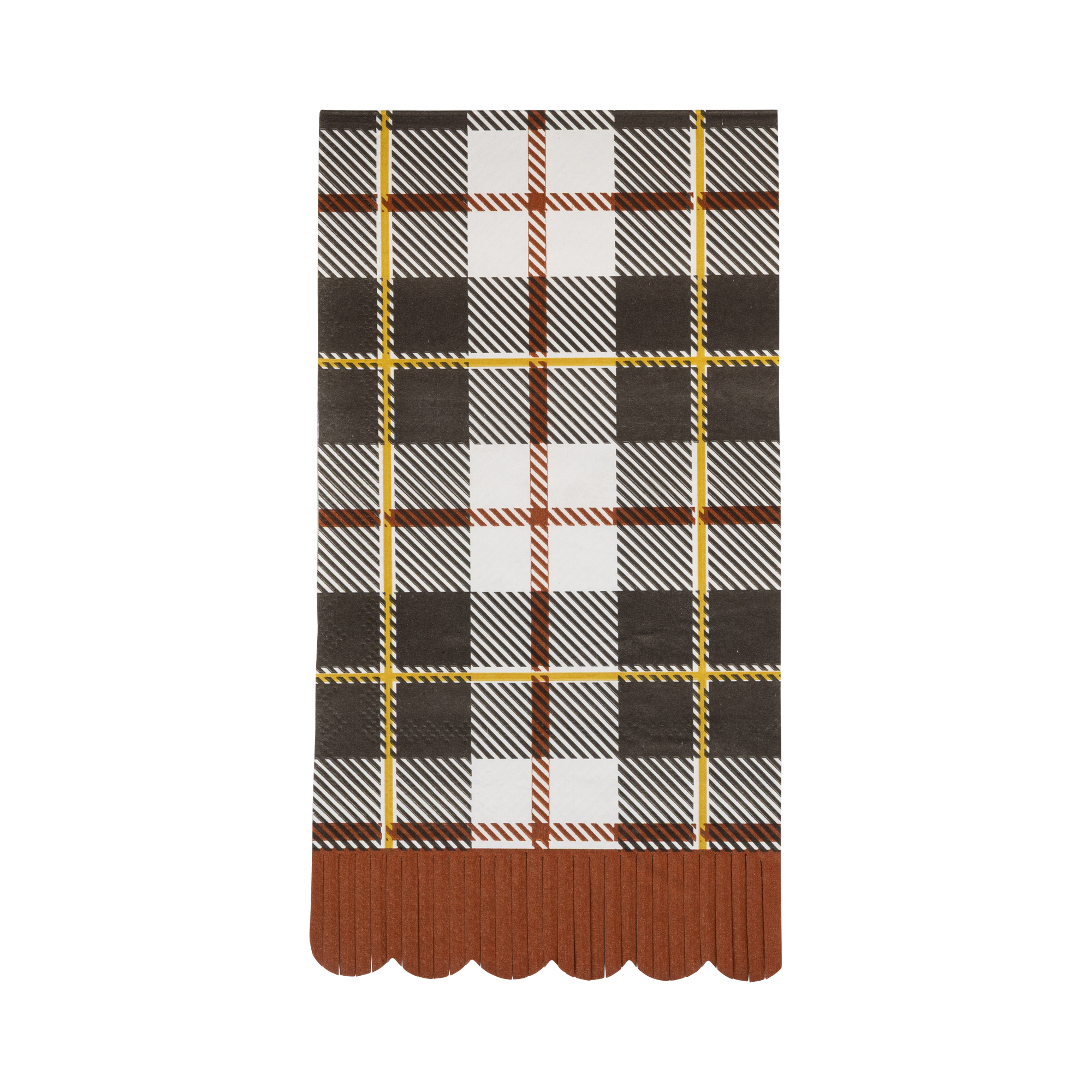 Plaid patterned napkin with scalloped edge on a white background