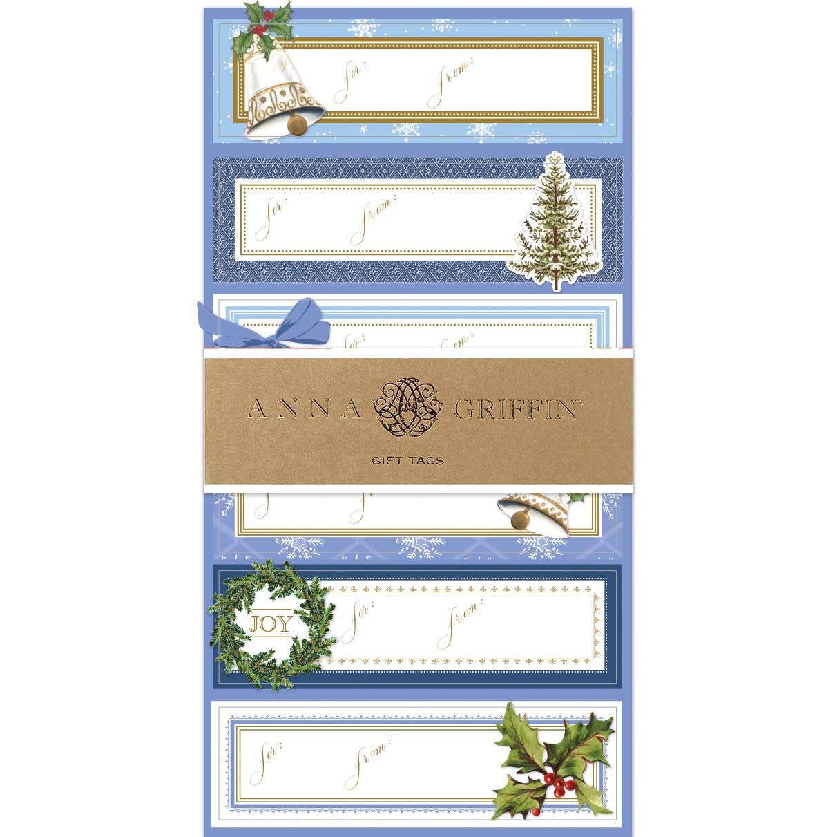 A set of Anna Griffin Christmas-themed gift tags in blue, white, and gold, shown wrapped in a kraft paper band with the brand name visible.