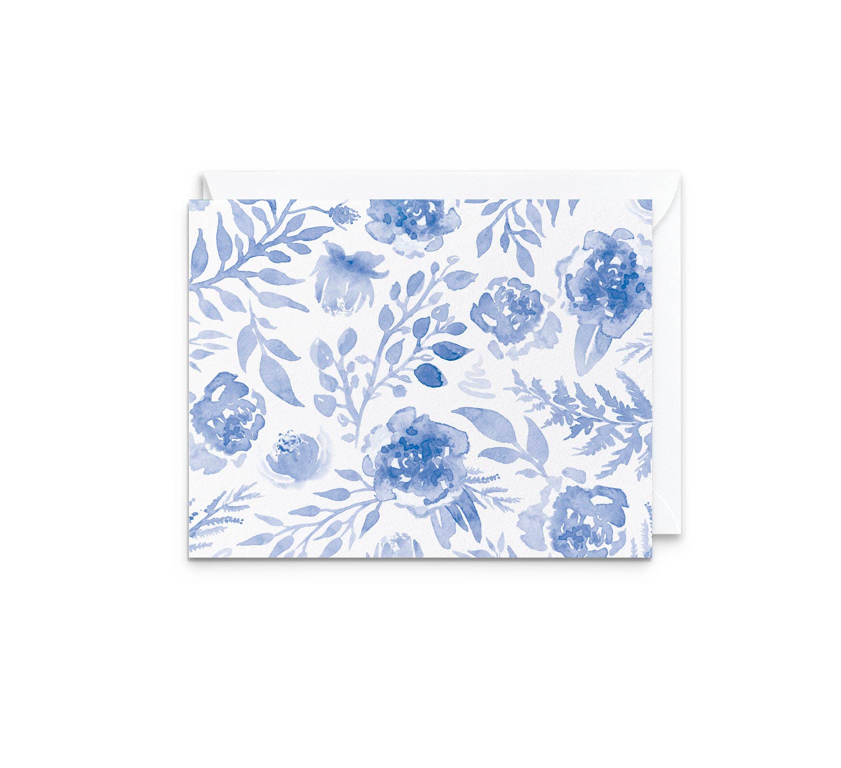 A square greeting card with a blue watercolor floral pattern on a white background, shown with a white envelope behind it on a clean white backdrop.