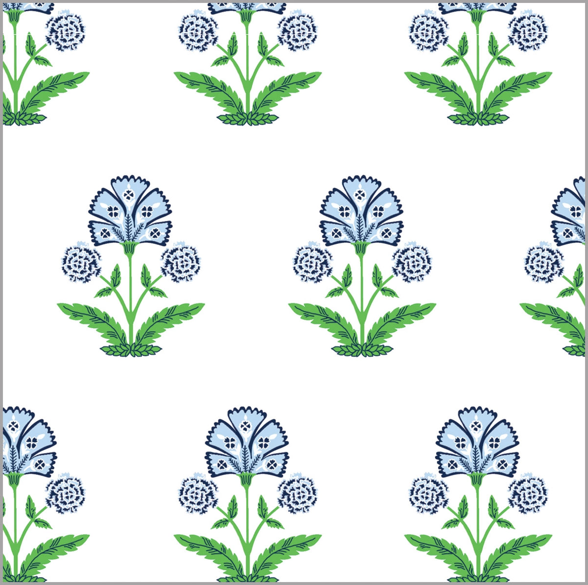 A patterned blue floral paper with a repeating design of large blue flowers and green leaves on a white background.