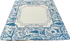 A square blue and white printed Mahjong mat with a central blank area and decorative border featuring floral and bird motifs.