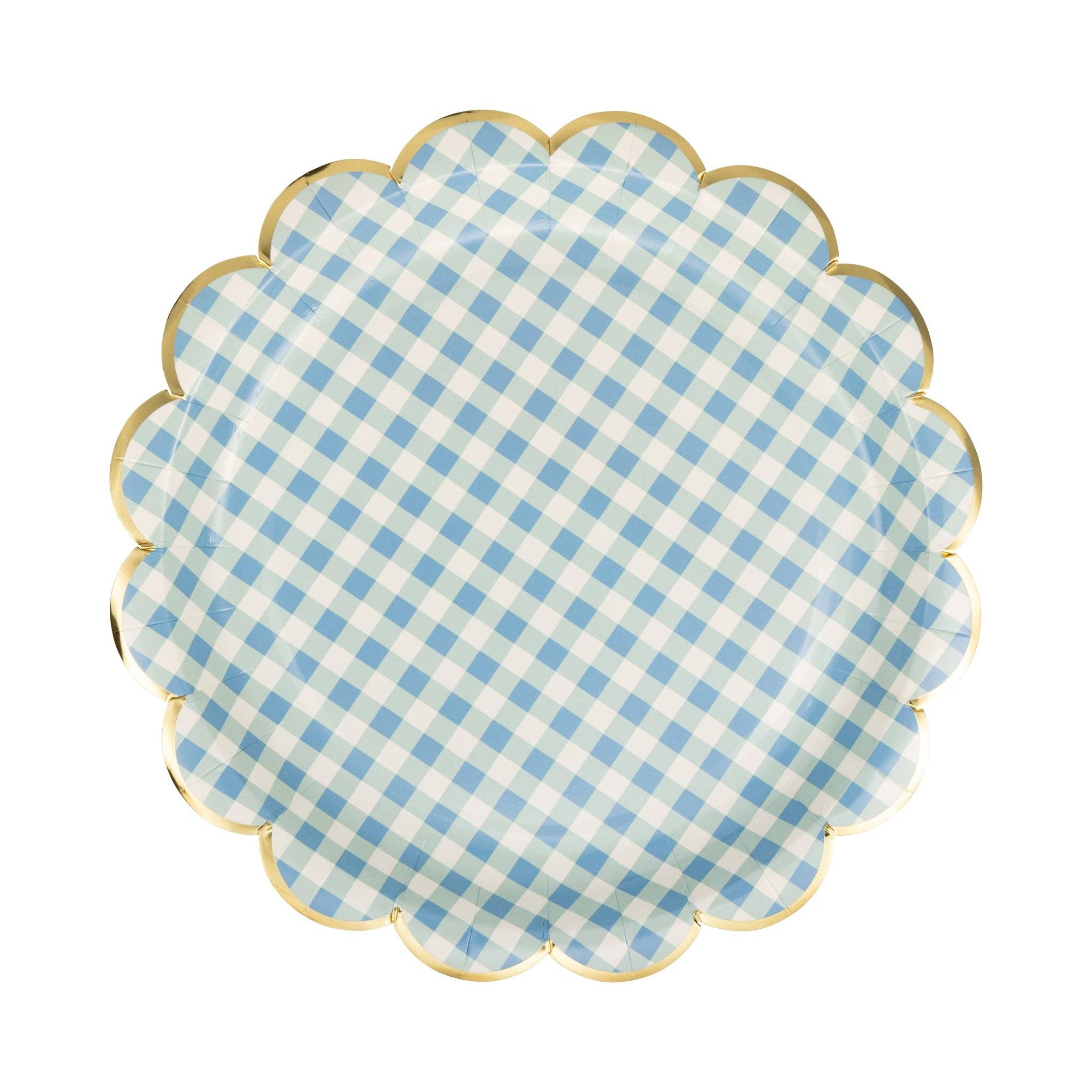 Round paper plate with blue and white checkered pattern on a white background