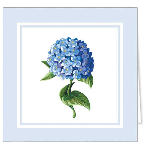 Card with a blue hydrangea flower on a light blue background