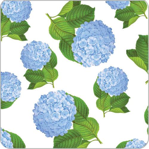 A paper with a pattern of blue hydrangea flowers and green leaves.