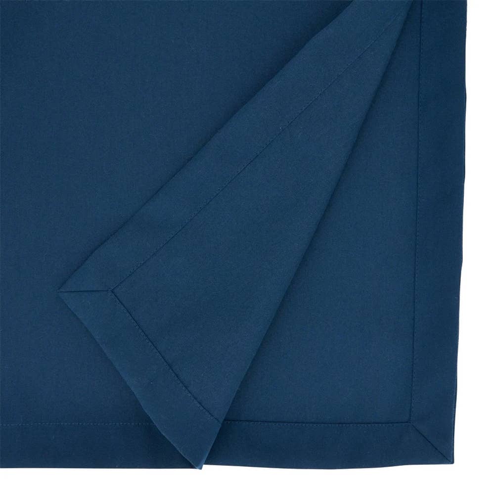 A close-up of a folded navy blue fabric item, showing the smooth texture and clean stitched border against a white background.