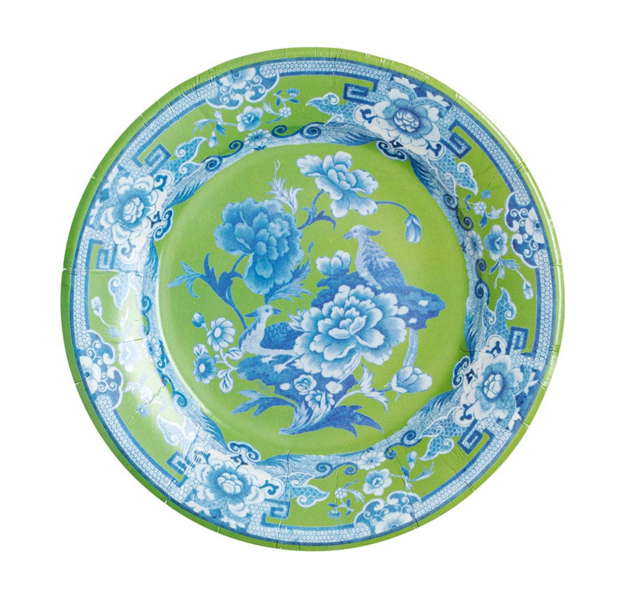 A round paper plate with a bright lime green background and a blue and white traditional Chinese floral and bird pattern, isolated on a white background.