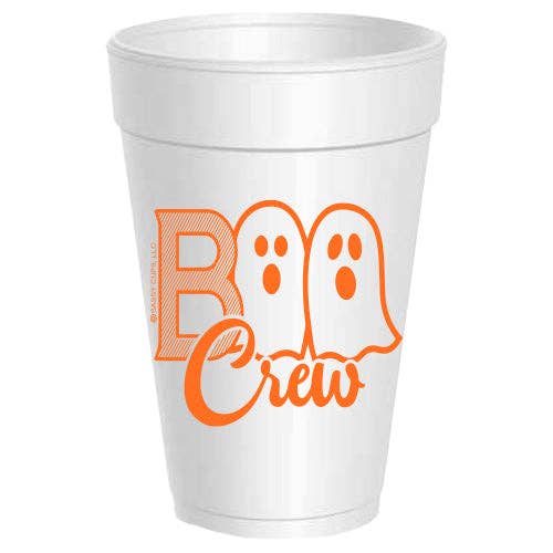 A white foam party cup featuring an orange graphic that reads 'BOO Crew' with two ghost shapes forming the letters 'B' and 'O'.