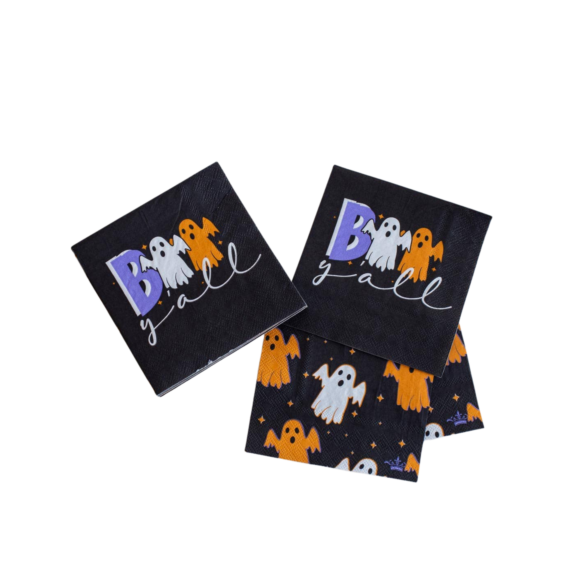Black napkins with Halloween-themed designs and text on a white background