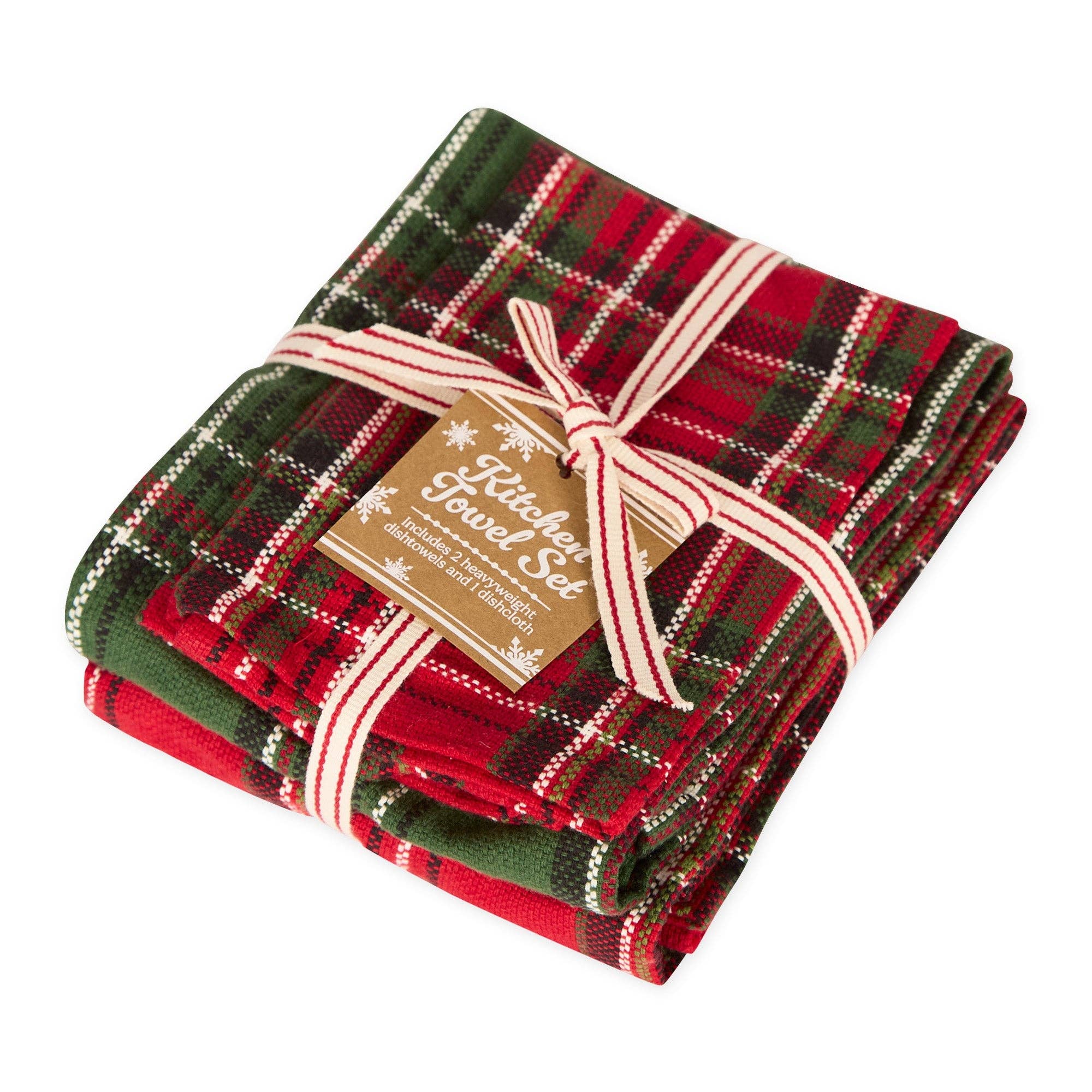 Folded plaid kitchen towel set with a label on a white background