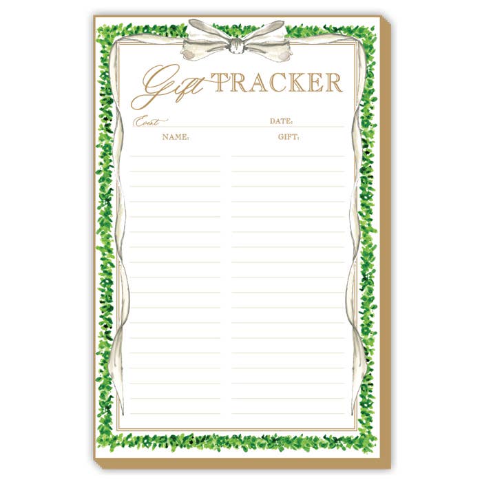 A large notepad with a boxwood border and the words 'Gift Tracker' written at the top. It has lined spaces for writing with headers for 'Gift', 'Date', and 'Note'.