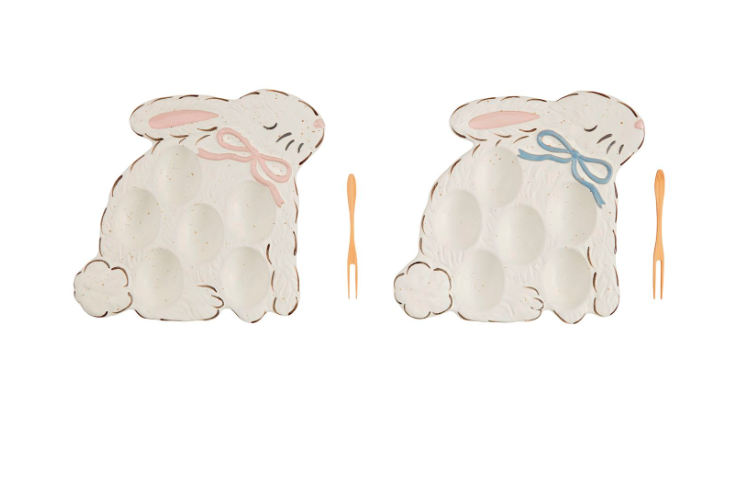 Bunny Deviled Egg Plates with a whimsical bunny design in pink and blue