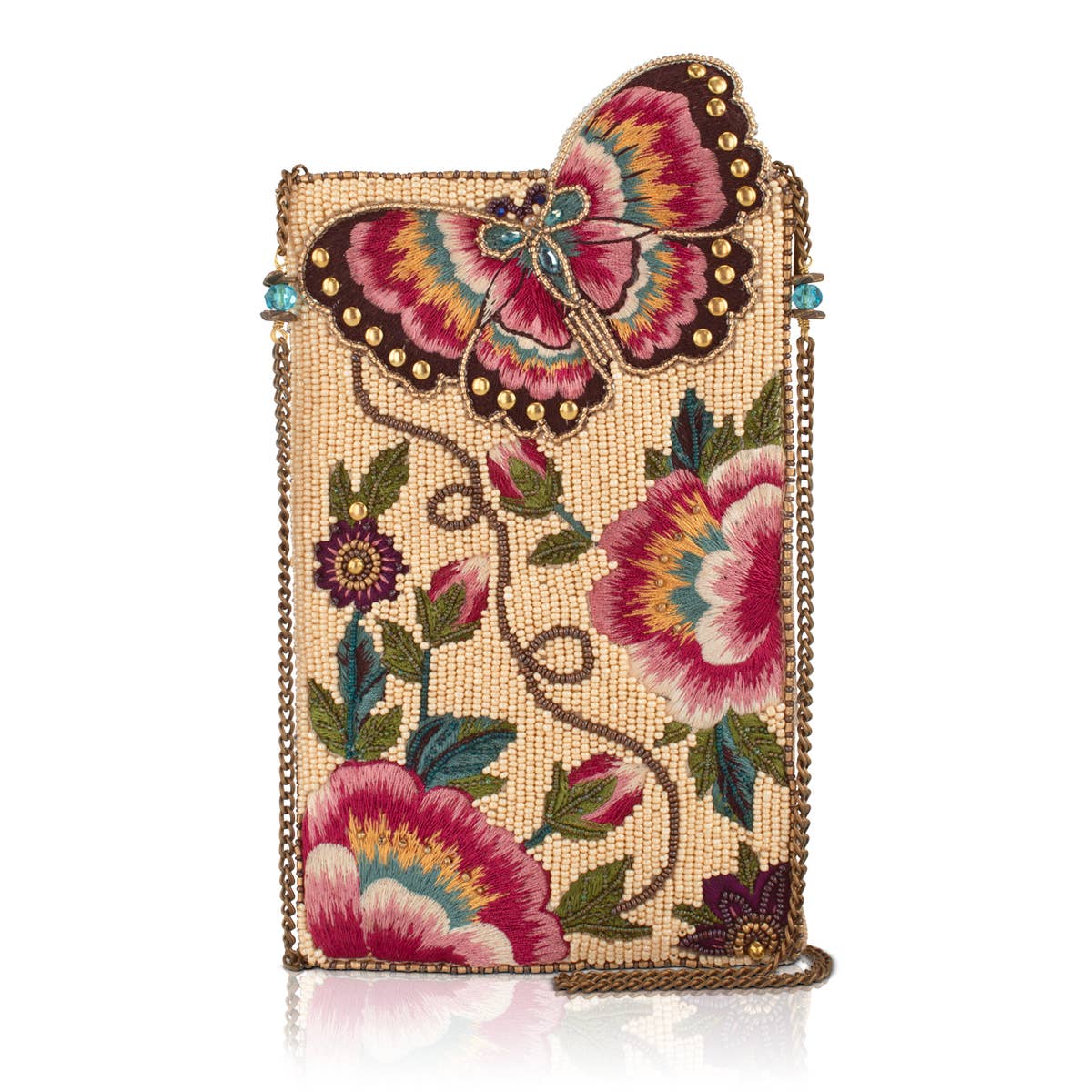 Decorative clutch with floral patterns and a butterfly design on a white background