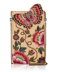 Decorative clutch with floral patterns and a butterfly design on a white background