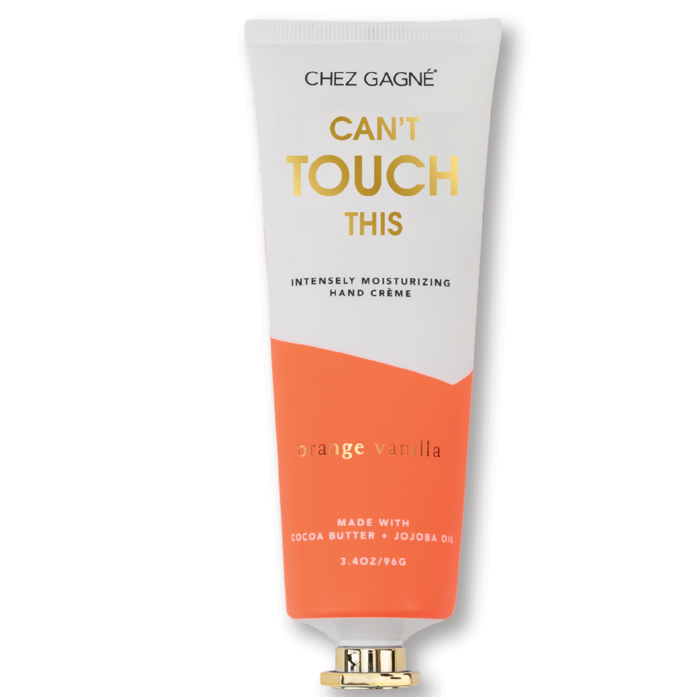 Hand cream tube labeled 'Can't Touch This' by Chez Gagne on a white background