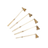 A collection of brass bell-shaped candle snuffers with antiqued gold finish and white handles.