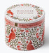 A round tin candle labeled 'Holiday Edition' with a white lid and a white body decorated with red birds and green foliage, photographed on a clean white background.