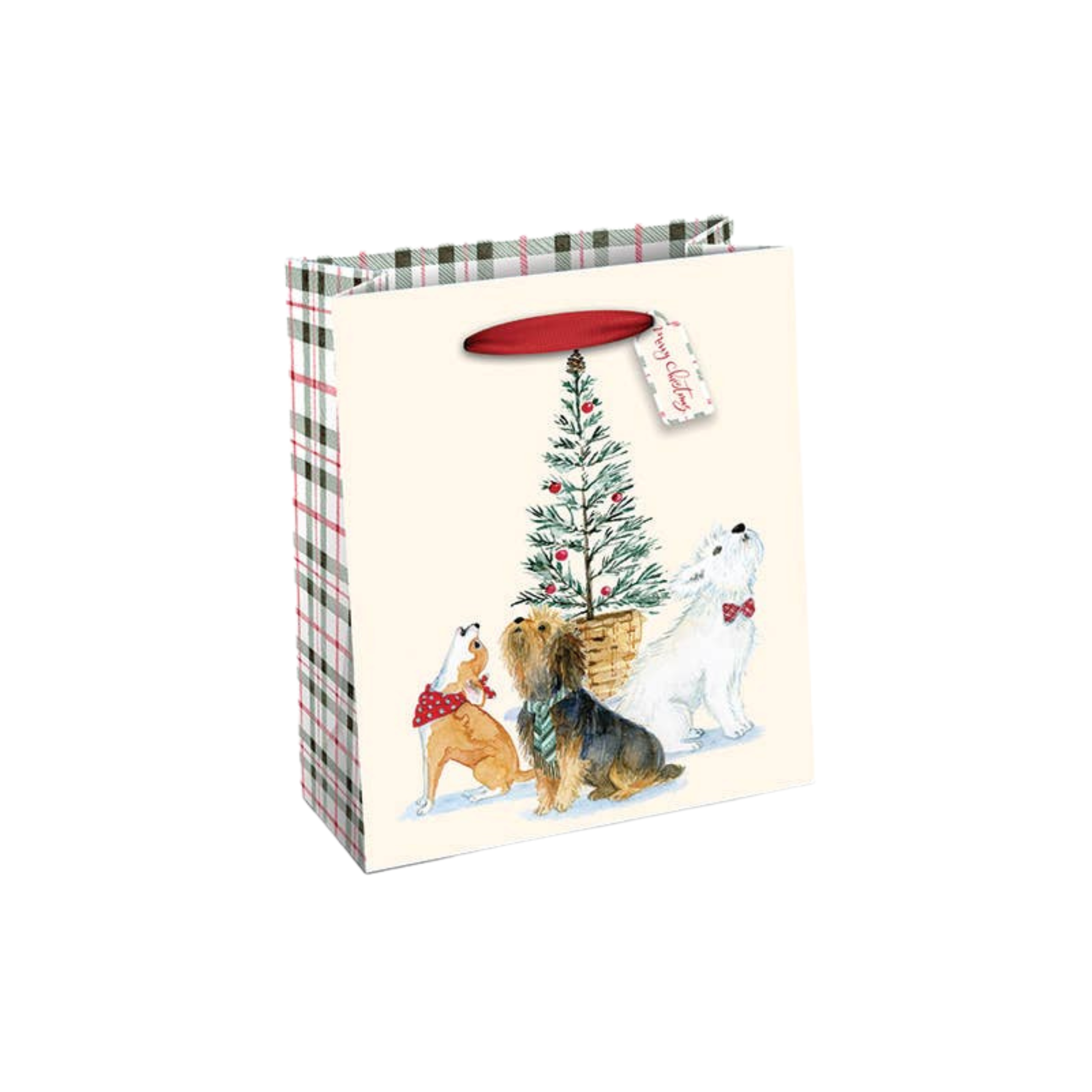 Gift bag with Christmas design featuring dogs and a tree on a white background