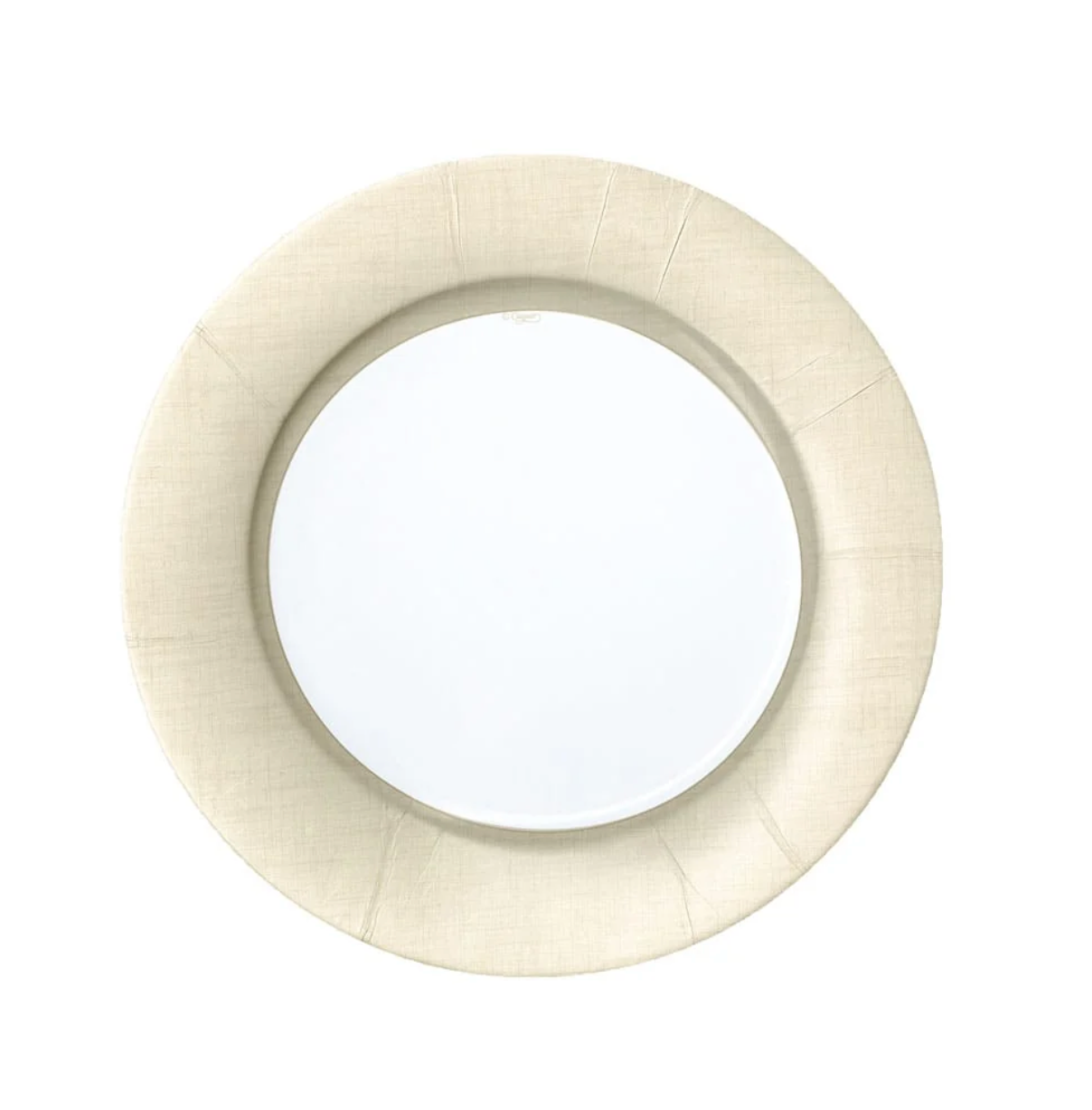 A round paper plate with a wide, textured cream-colored frame on a solid white background.