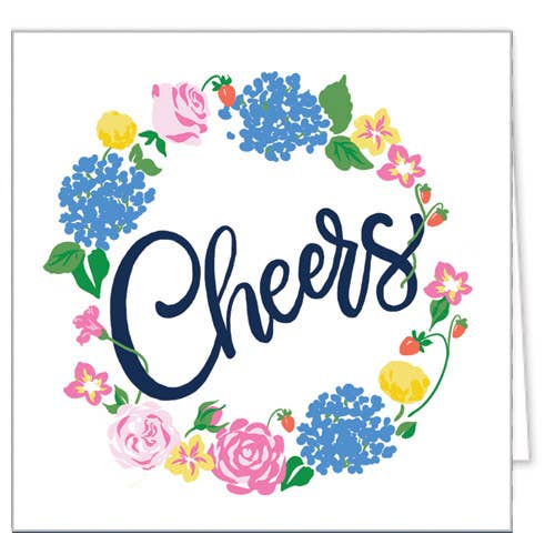 Card with 'Cheers' text surrounded by colorful flowers on a white background
