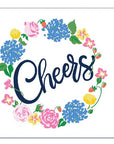 Card with 'Cheers' text surrounded by colorful flowers on a white background