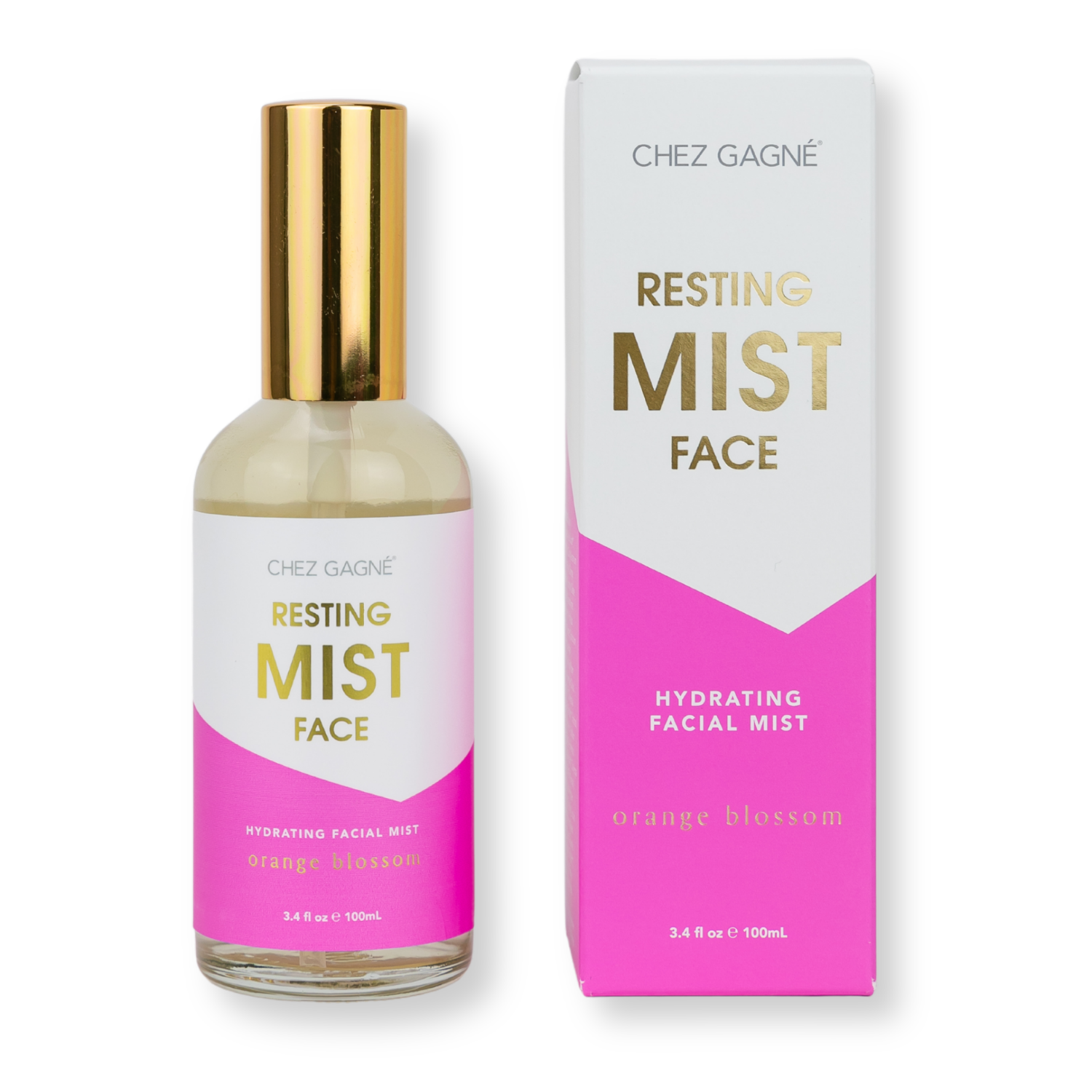 Chez Gagne Resting Mist Face product with bottle and packaging on a white background