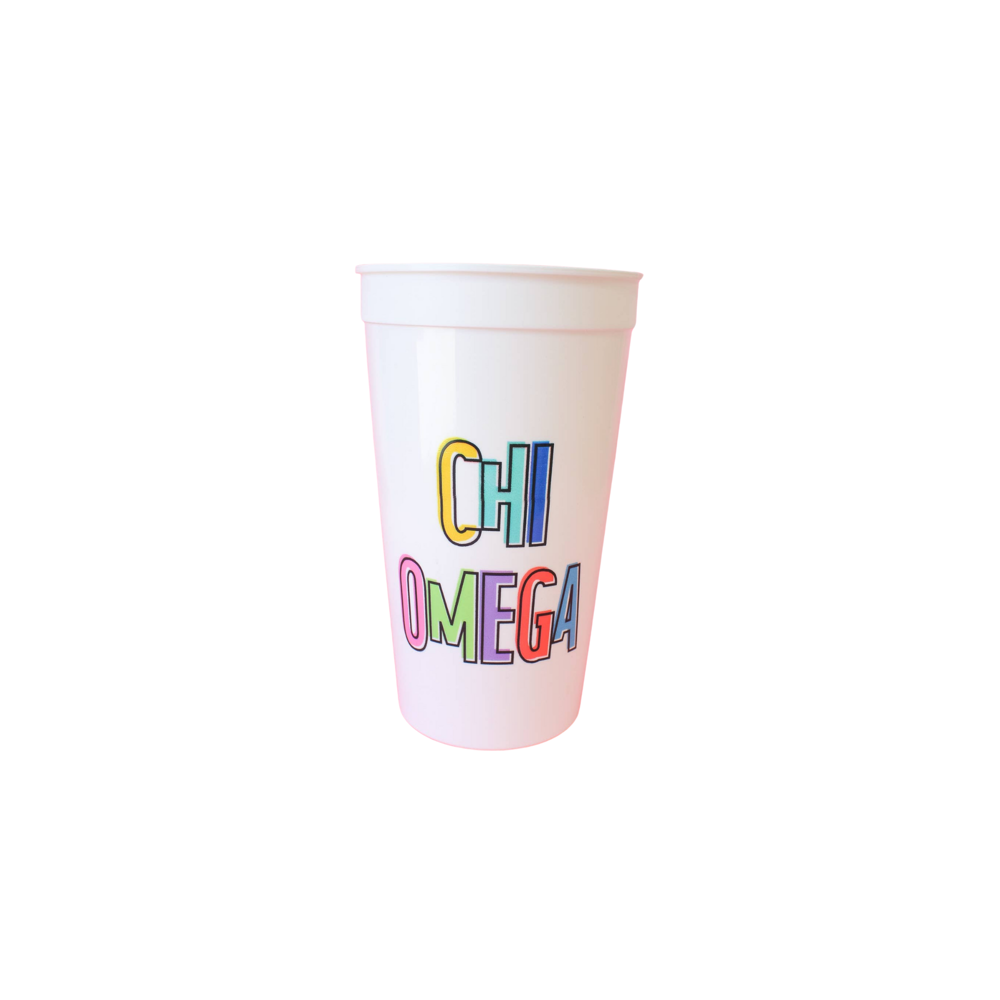 White cup with 'CHI OMEGA' printed in colorful letters on a white background