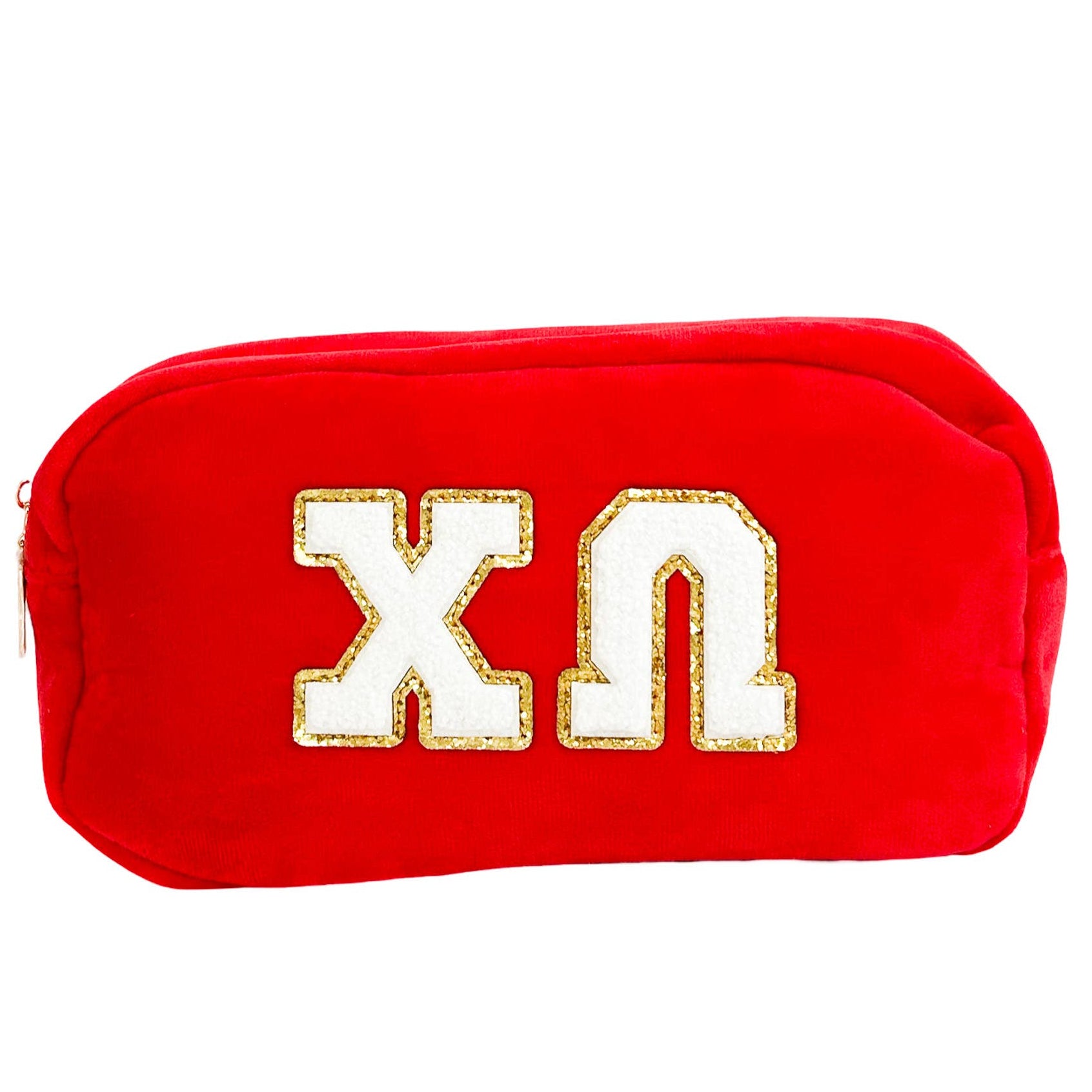 Red pouch with gold and white letters on a white background