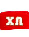 Red pouch with gold and white letters on a white background