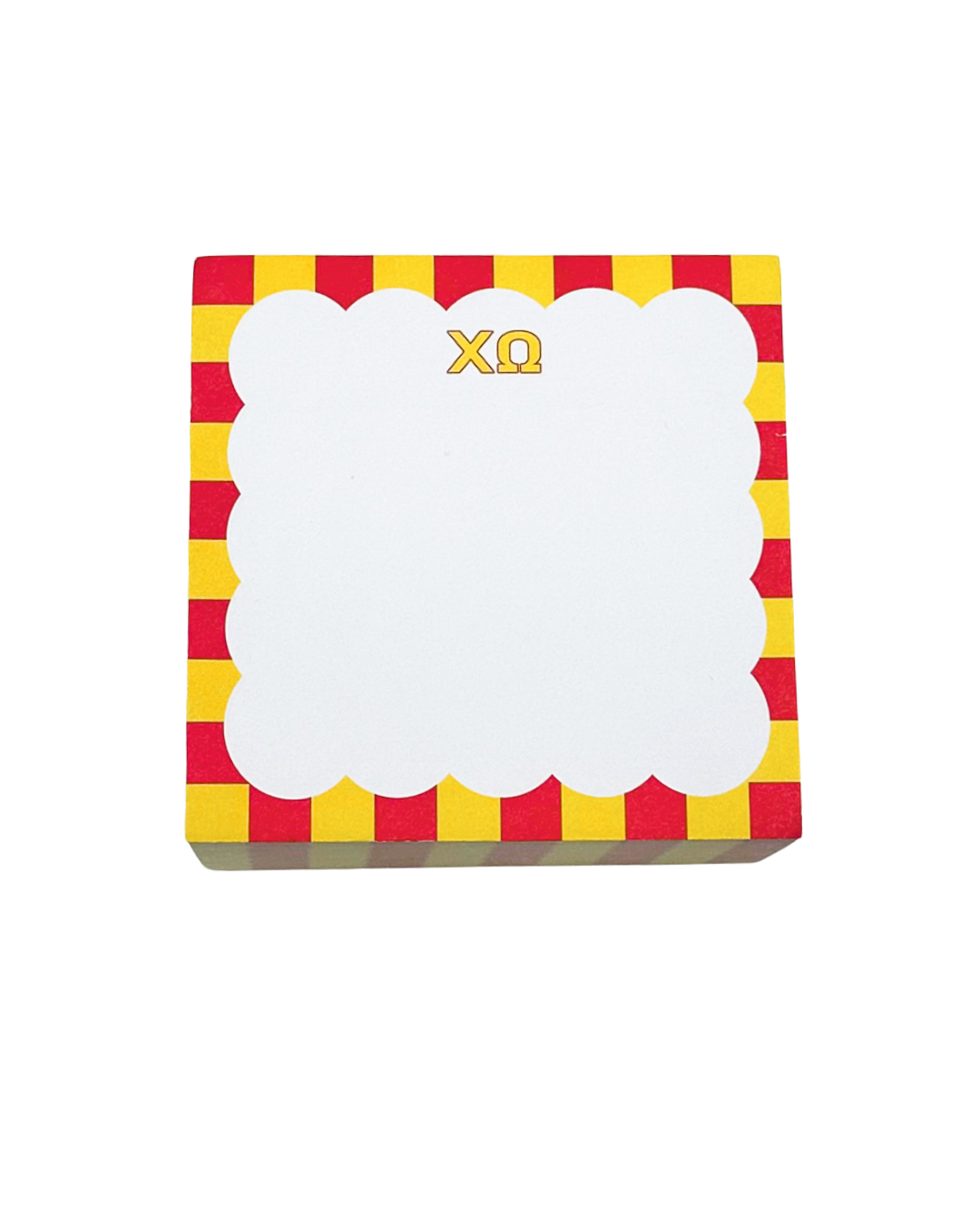 Notepad with red and yellow striped border and 'XO' logo on a white background