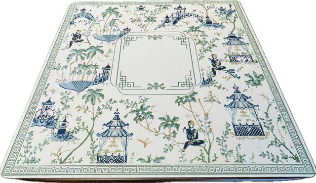 A mahjong mat featuring a classic Chinese toile pattern with blue and green illustrations on a white background, complete with a blank central square for text or photos.