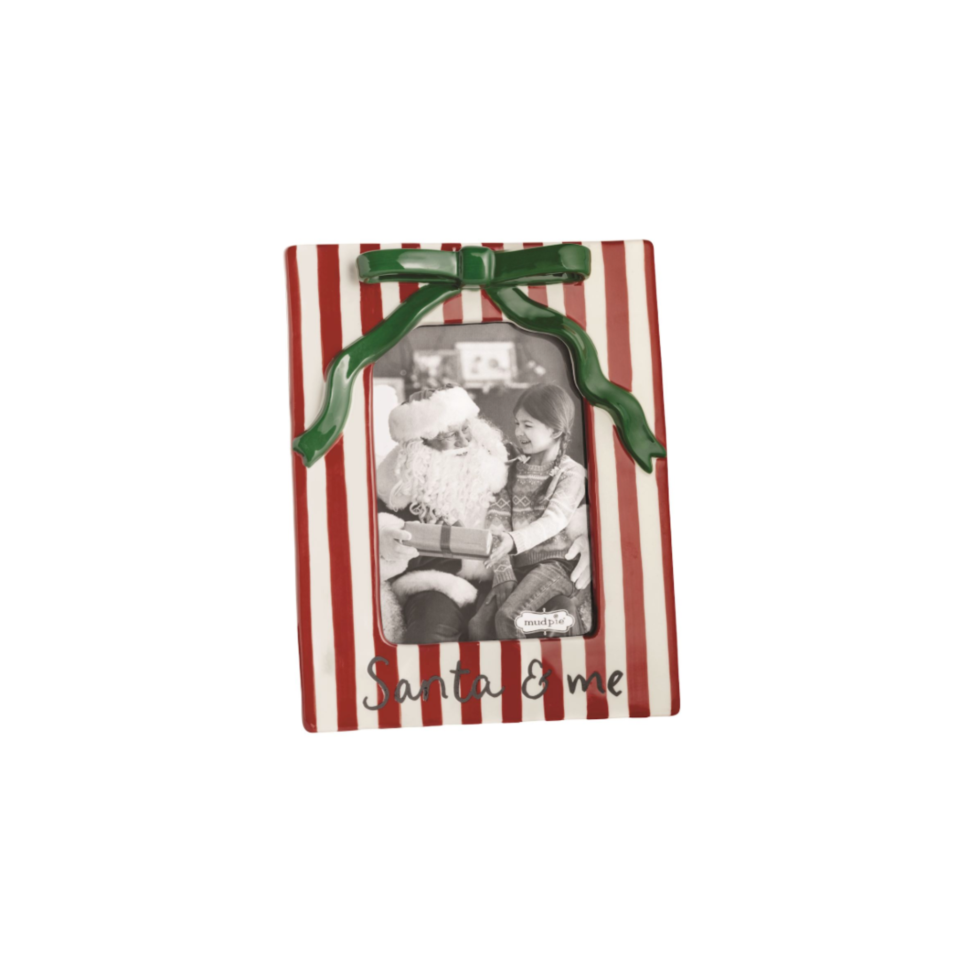Striped photo frame with a green ribbon and 'Santa & Me' text on a white background