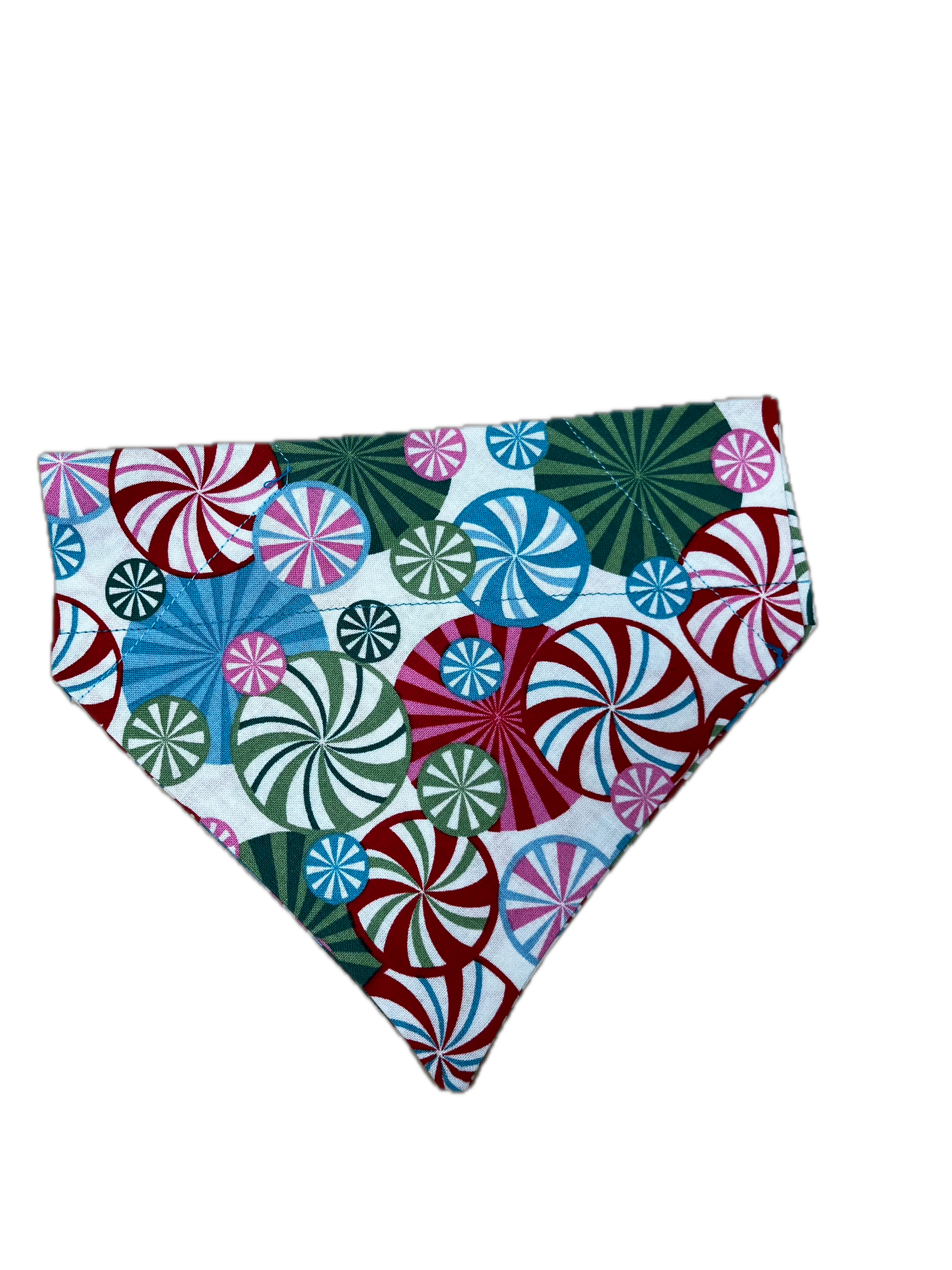 Colorful peppermint patterned bandana on a white background