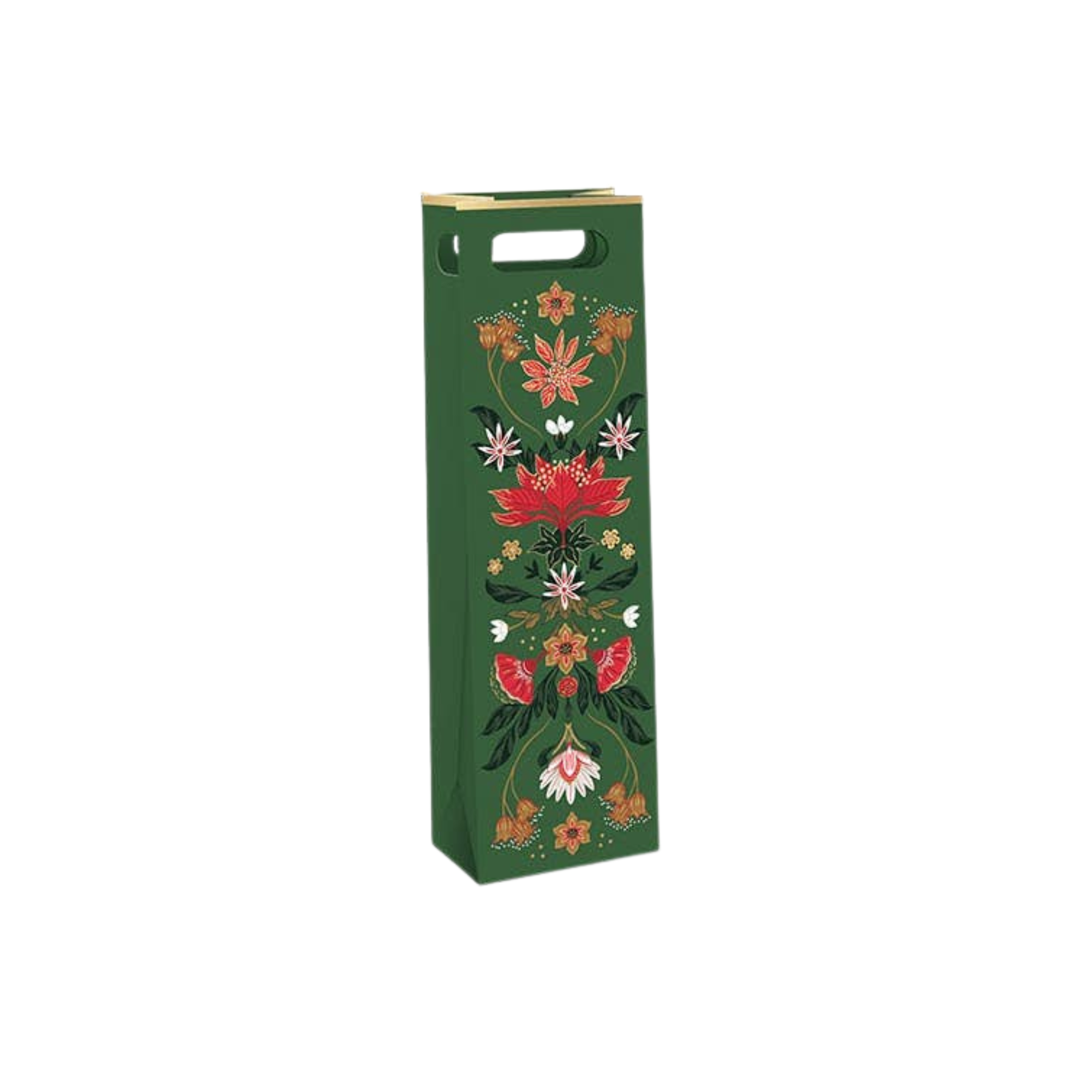 Green wine bottle bag with floral designs on a white background