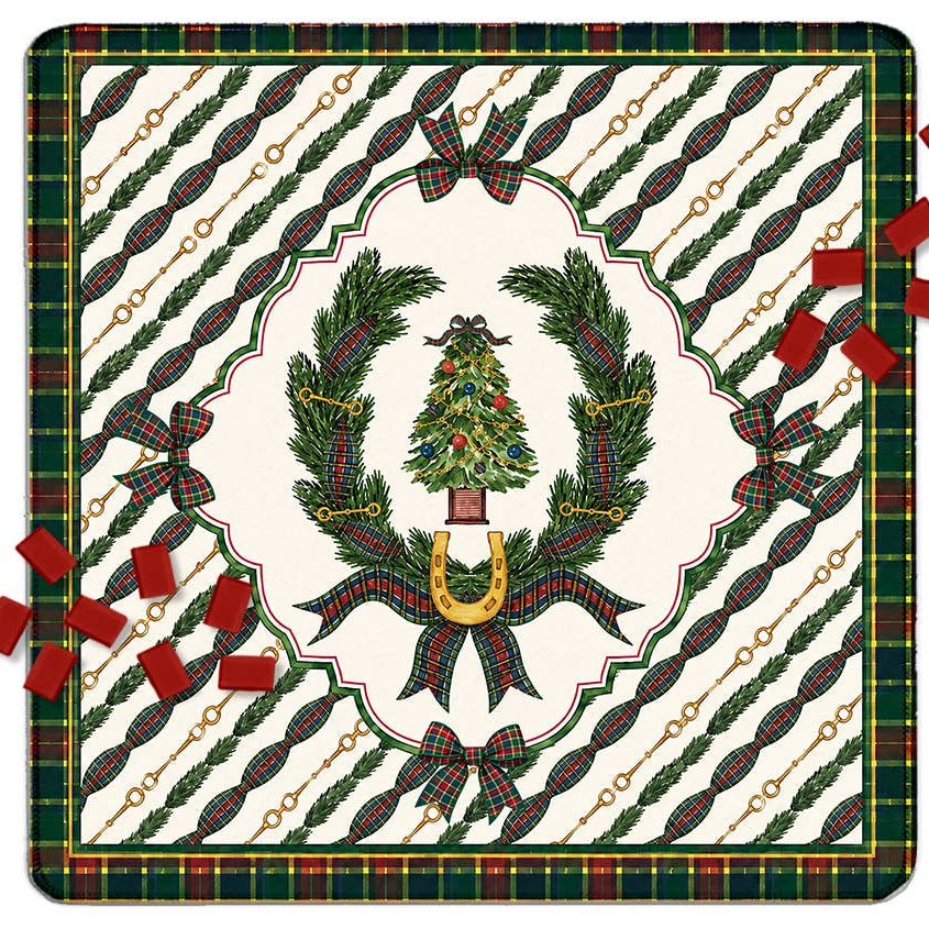 A square Christmas-themed decorative mahjong mat featuring a central wreath with a decorated tree, red plaid bows, gold chain motifs, and a plaid border. Red confetti is scattered around the design on a white background.