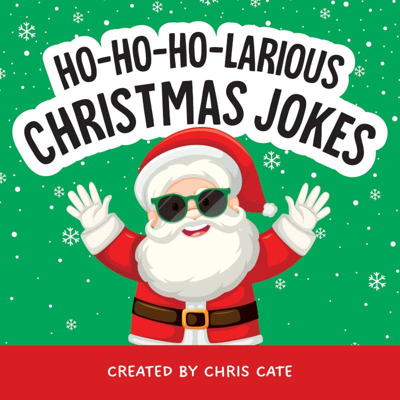Book cover of 'Ho-Ho-Ho-Larious Christmas Jokes' with Santa Claus wearing sunglasses on a green and red background.