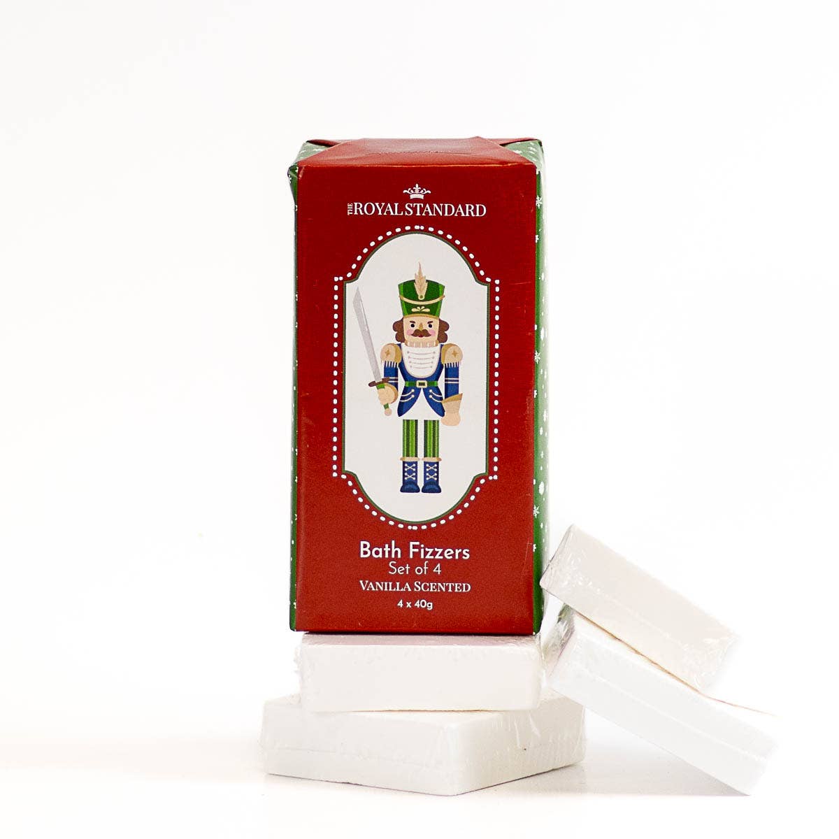 A package of Royal Standard bath fizzers featuring a Christmas nutcracker design. The package is red with an illustration of a nutcracker, and it is labeled as containing 4 fizzers weighing 40g each.