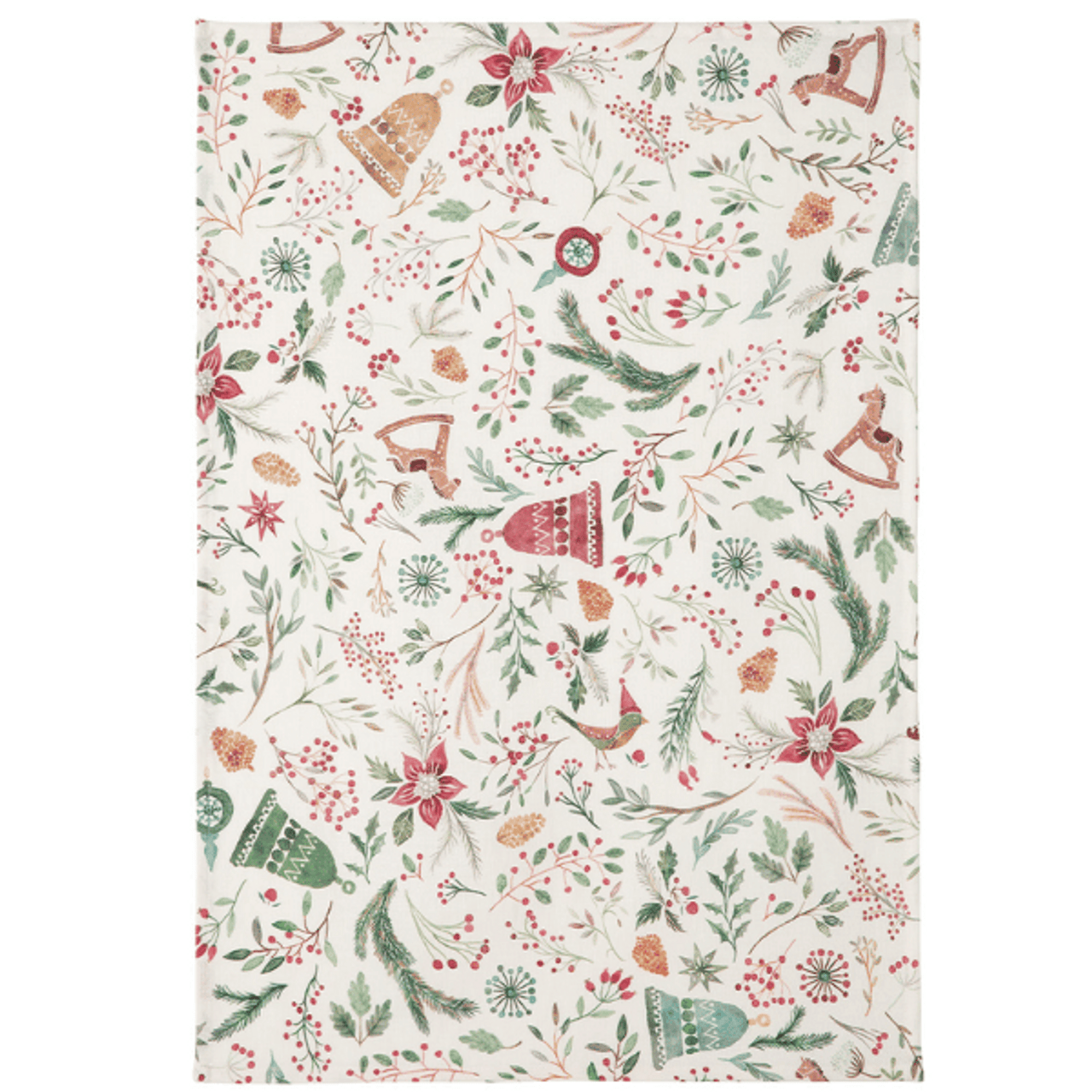 Decorative paper with Christmas-themed pattern featuring trees, holly, and other festive elements on a white background.