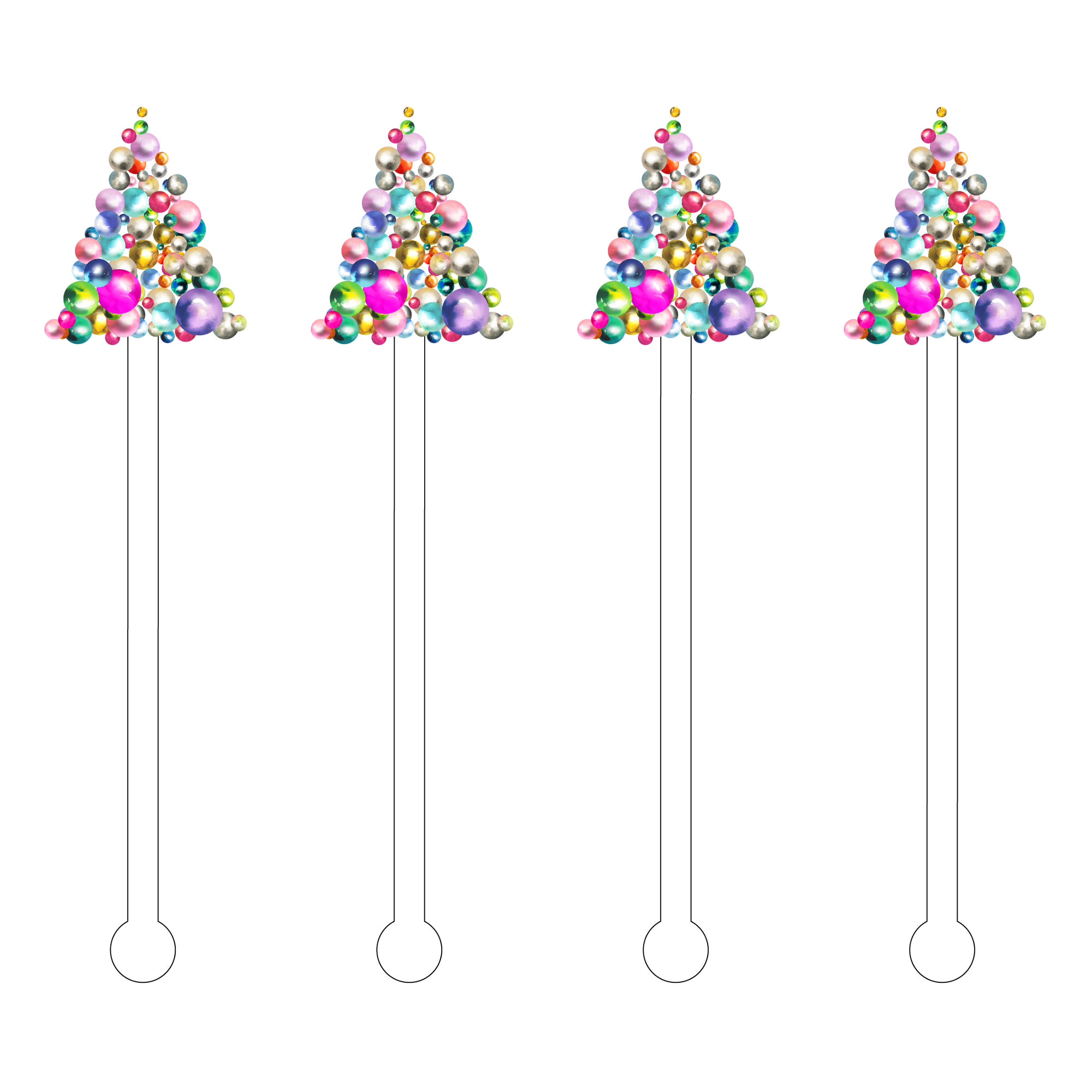 Four colorful cocktail stirrers shaped like Christmas trees on a white background