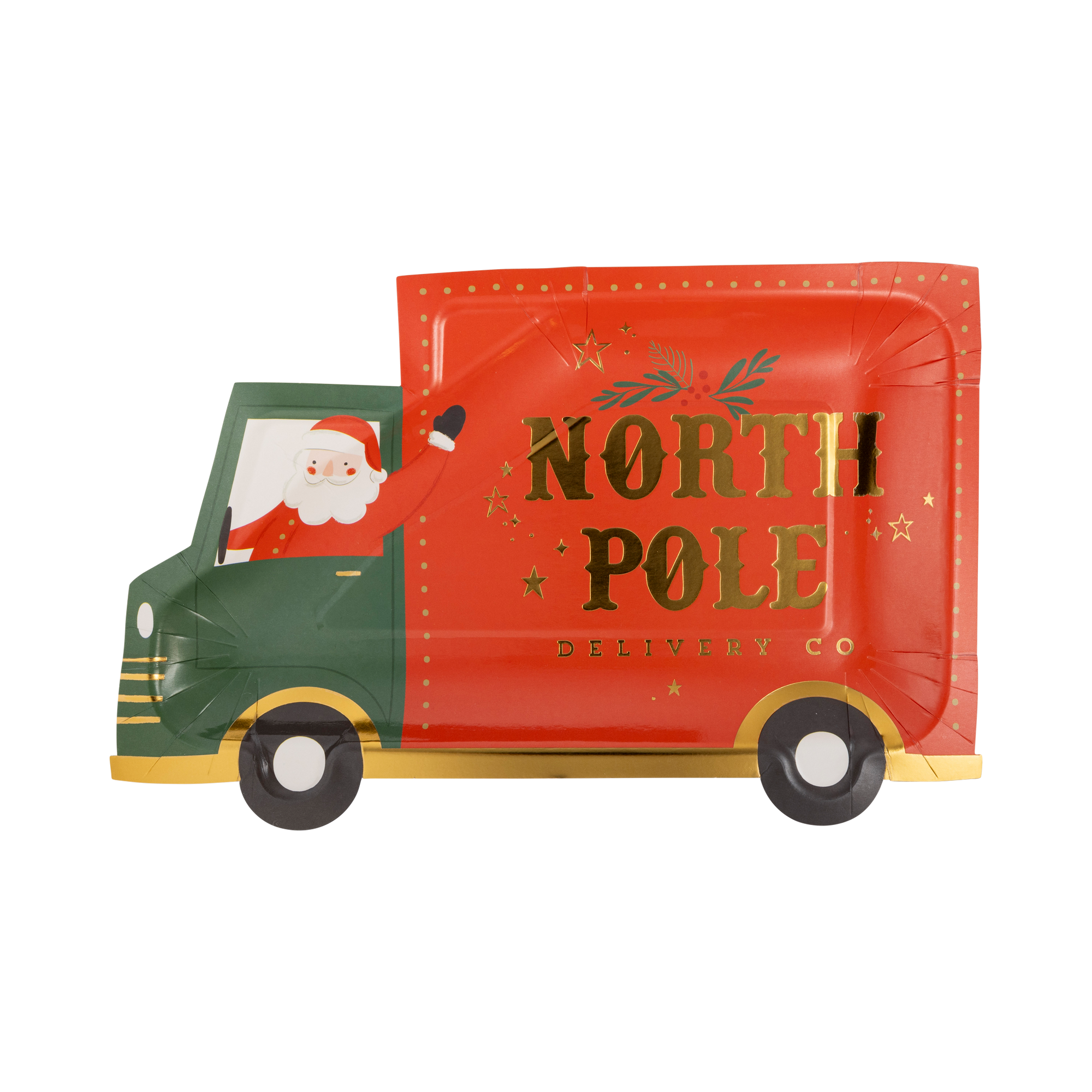 A festive paper plate shaped like a North Pole delivery truck, featuring a red side with gold 'NORTH POLE DELIVERY CO' lettering, a green cab, and an illustration of Santa waving from inside.