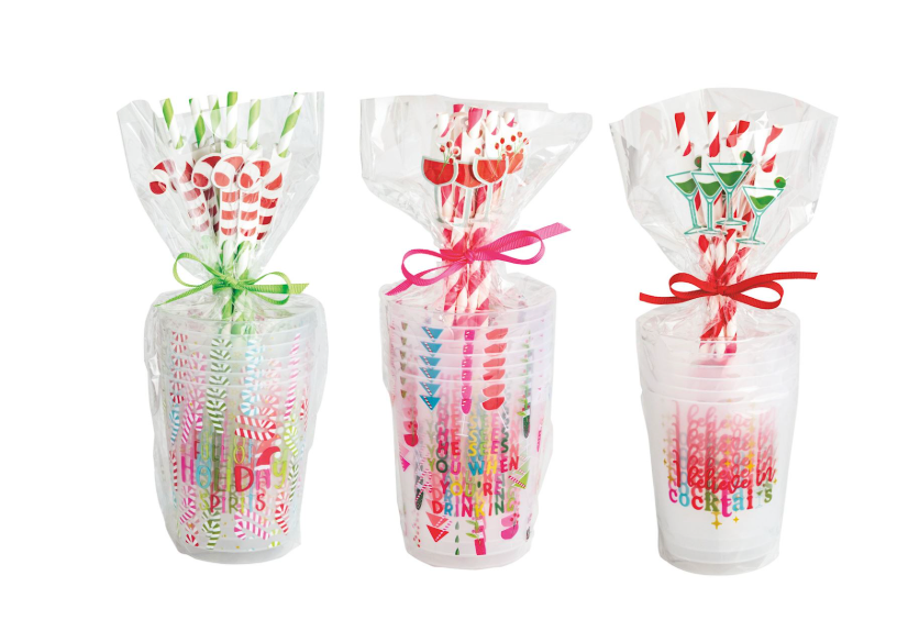 Three clear plastic cups with colorful text and designs, each tied with a ribbon on a white background.