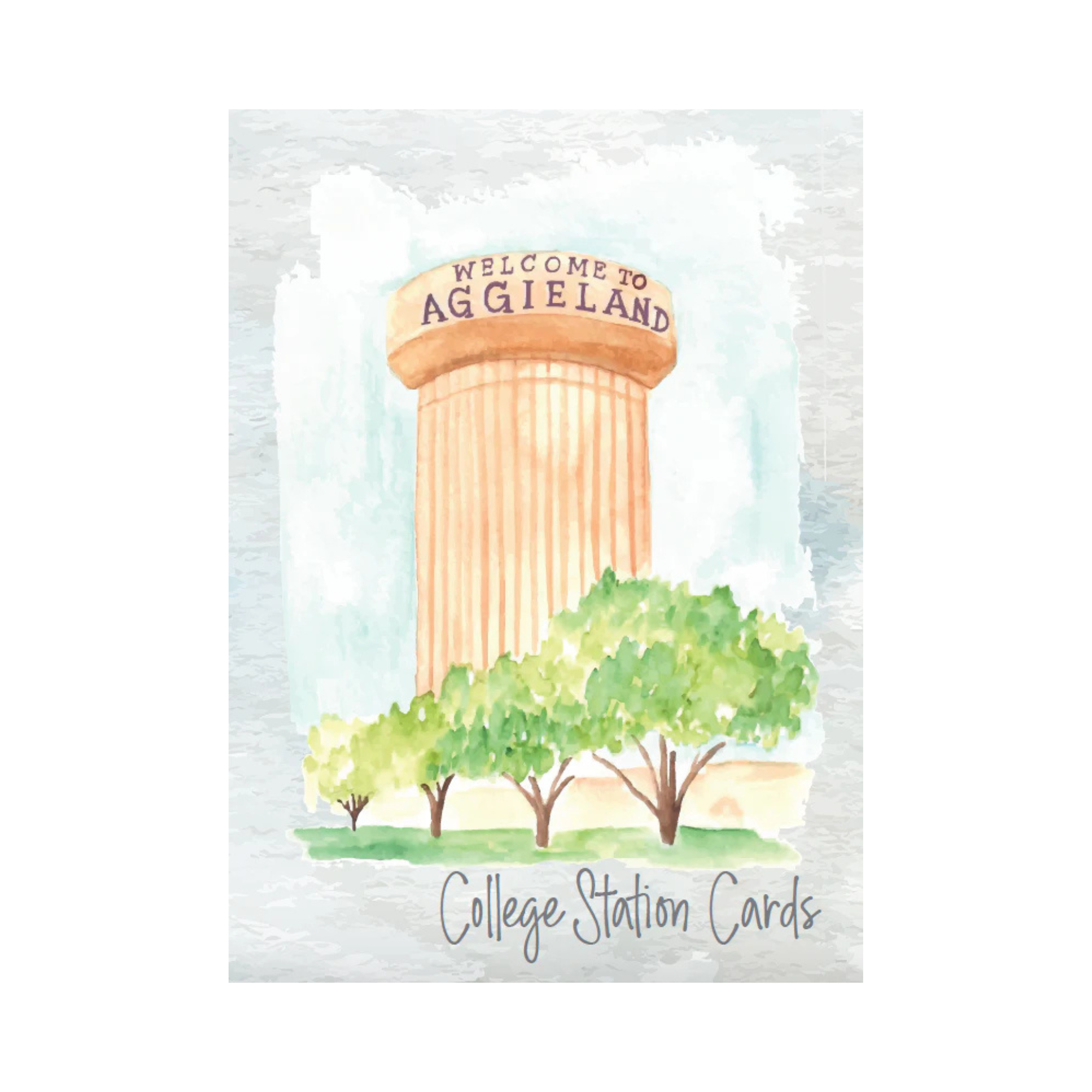 Card with a watercolor illustration of a tower with 'Welcome to Aggieland' text, trees, and 'College Station Cards' text on a light background.