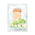 Card with a watercolor illustration of a tower with 'Welcome to Aggieland' text, trees, and 'College Station Cards' text on a light background.