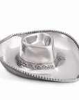 A silver-plated metal cowboy-shaped serving dish with a decorative beaded rim and embossed band detail, shown on a plain white background.
