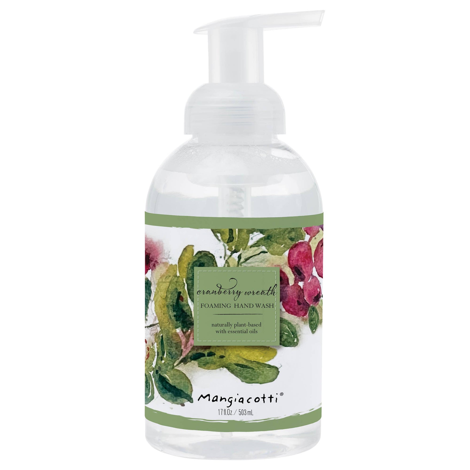 Mangiacotti foaming hand wash bottle with floral design on a white background