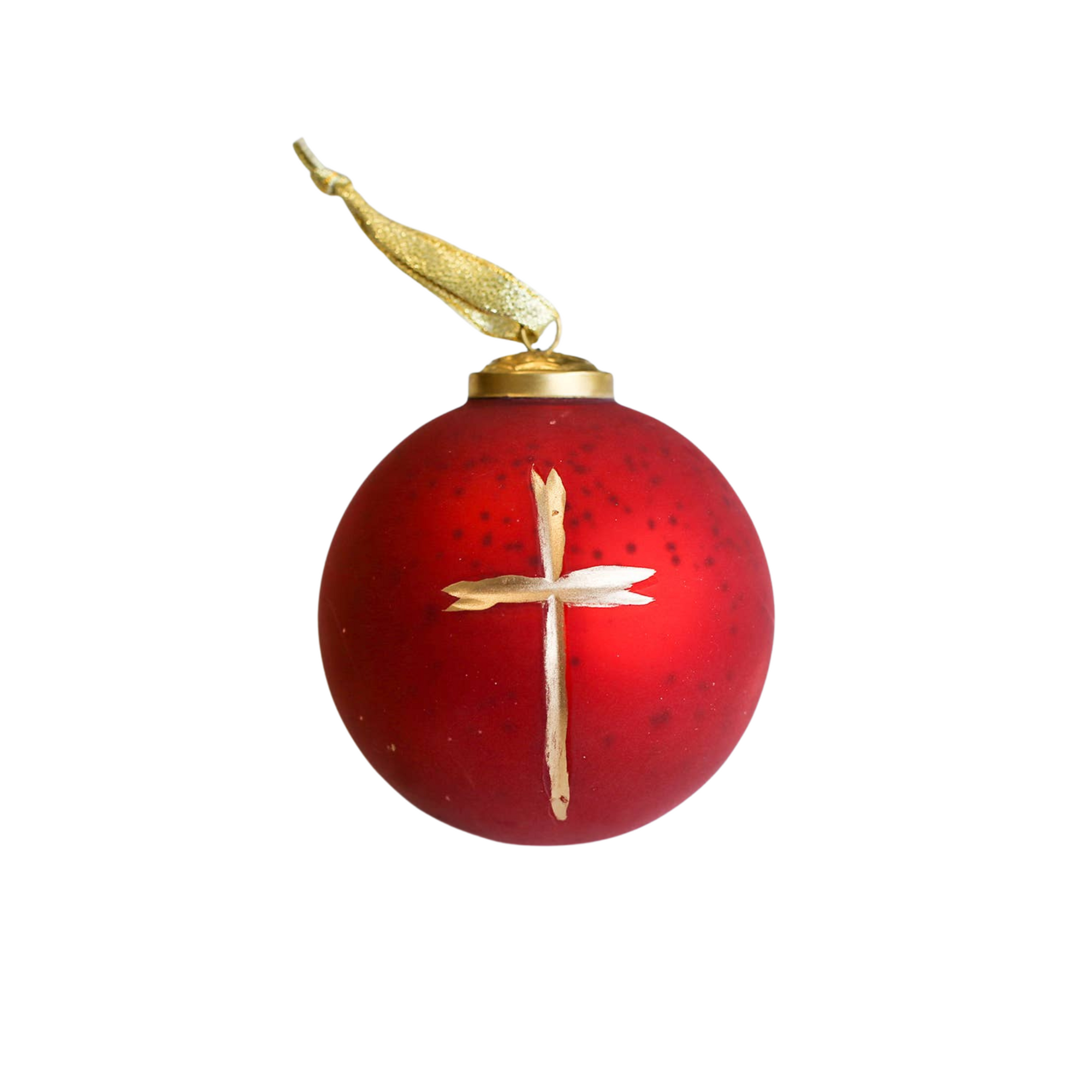 Red Christmas ornament with a gold cross on a white background