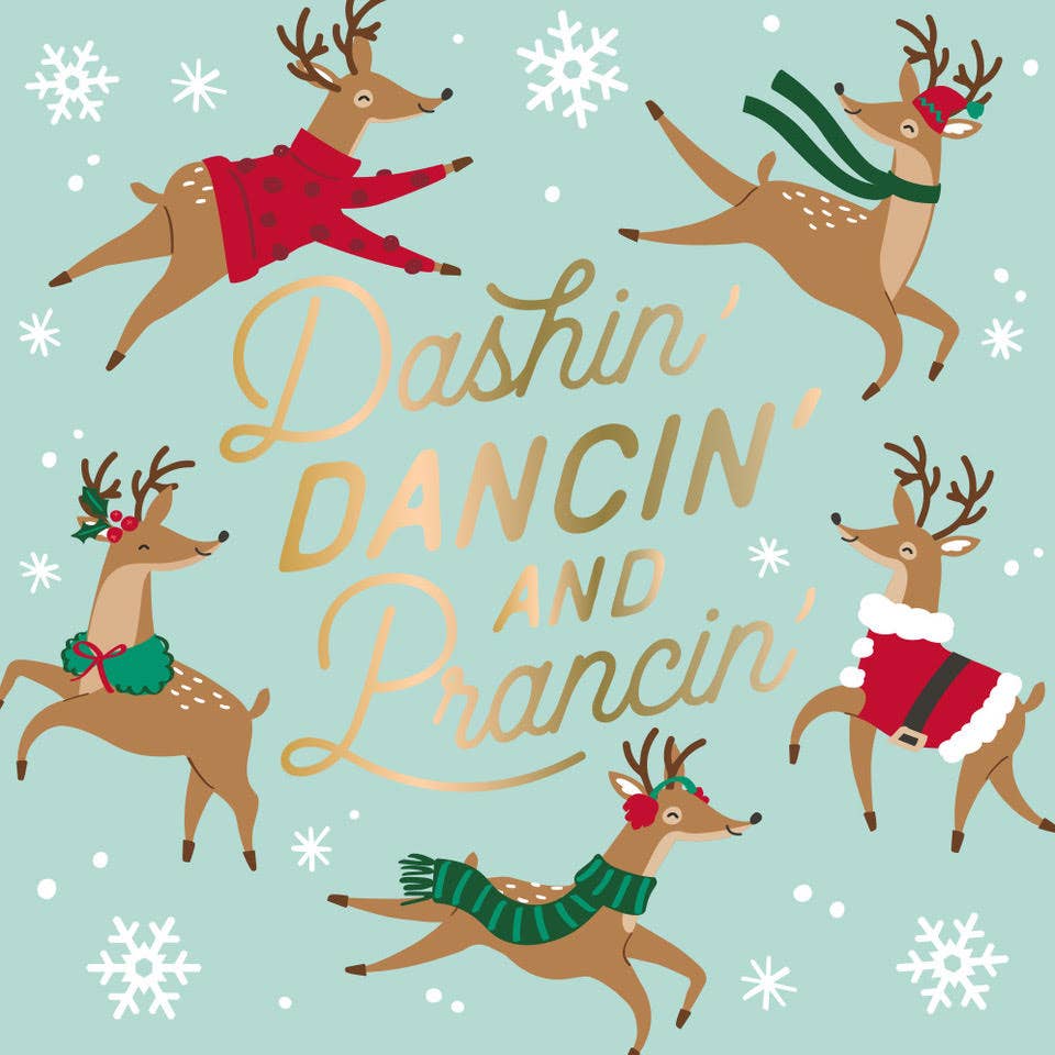 Illustration of deer in festive clothing with snowflakes on a light green background cocktail napkin