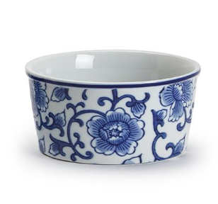 Ceramic bowl with blue floral patterns on a white background