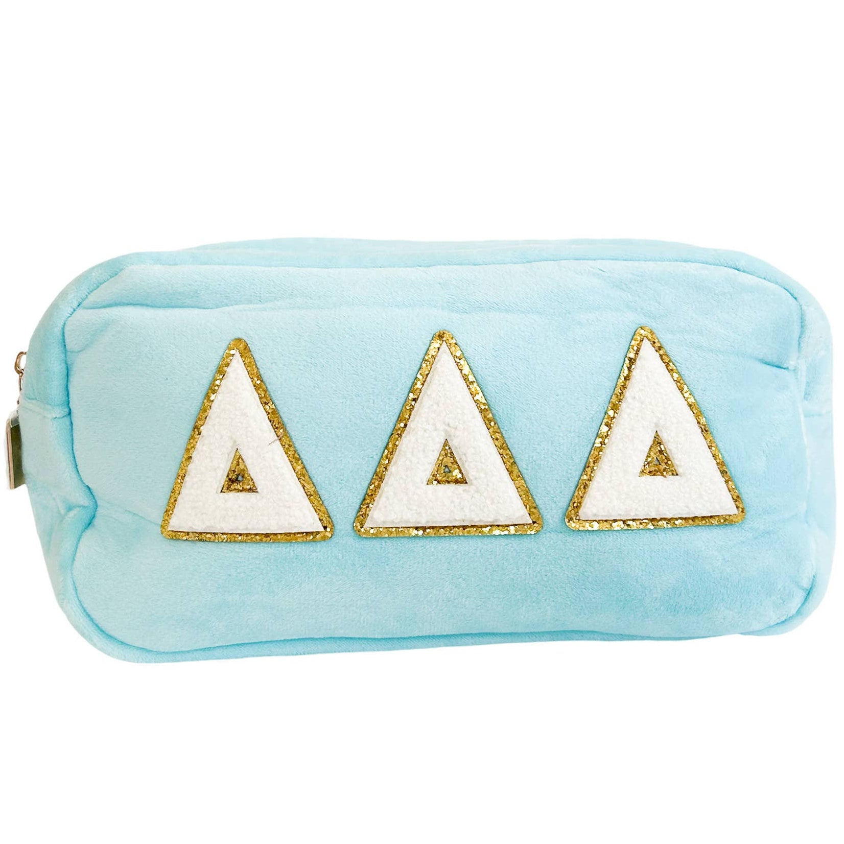 Light blue pouch with white and gold Tri Delt on a white background